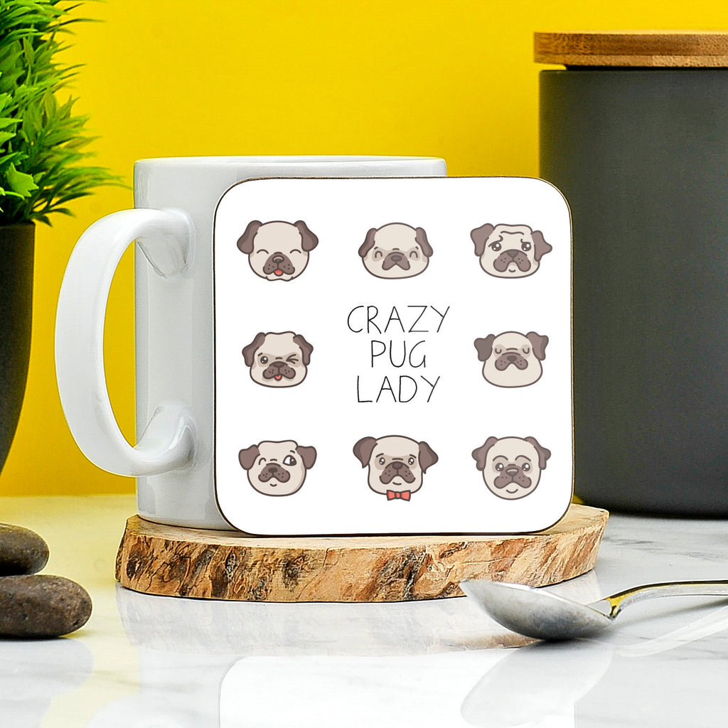 Crazy Pug Lady Coaster | Pug Lovers | Gift For Mums | Sister Gifts | Secret Santa | Novelty Gifts | Birthday Present for her | Pug Lovers TeHe Gifts UK