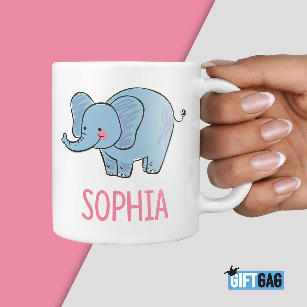 Custom Name, Girls Elephant Gift Mug - Present for Elephant Lovers, Personalised Birthday Mugs, Animal Presents for Her, Kids Mugs, Girl TeHe Gifts UK